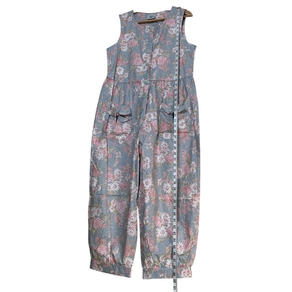 Vintage Laura Ashley Great Britain Cottagecore Floral Crop Jumpsuit Bow Pockets - Picture 3 of 11
